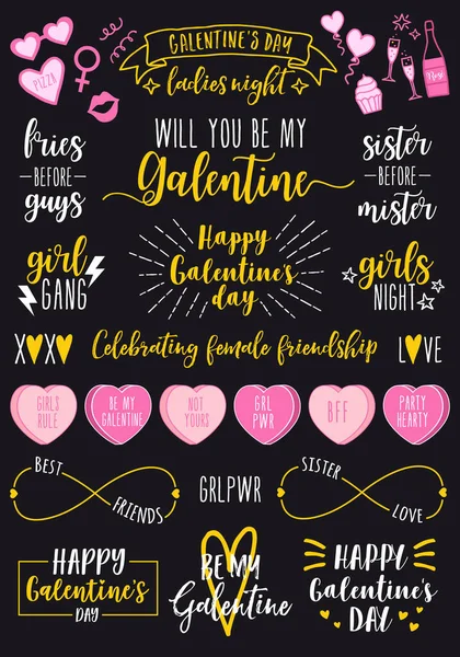 Fête Des Galentines Éléments Conception Vectoriels Dessinés Main Pour Carte — Image vectorielle