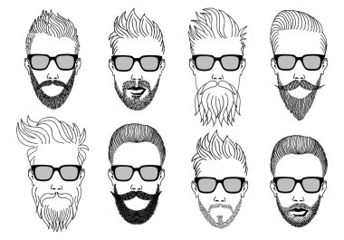 hipster faces with beard, vector set clipart