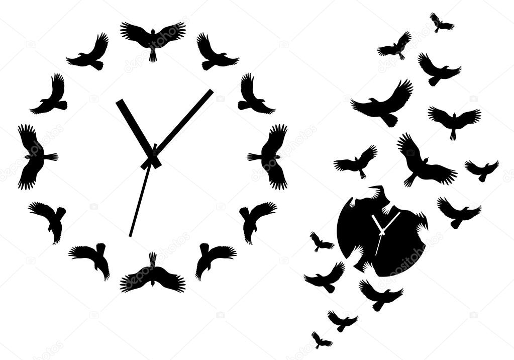 clock with flying birds, vector