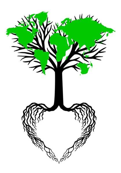 Дерево сердца с зеленой картой мира, вектор — стоковый вектор