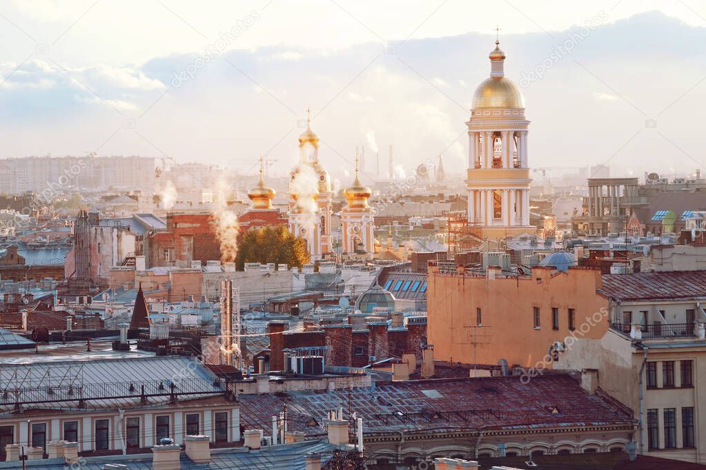 wide panorama of Saint-Petersburg from the roof, Vladimirskiy cathedral, bright