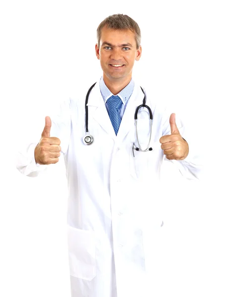 başparmak yukarıya ile mutlu erkek doktor