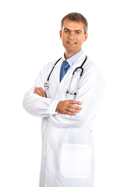 adult male doctor with a stethoscope looking at the camera and s