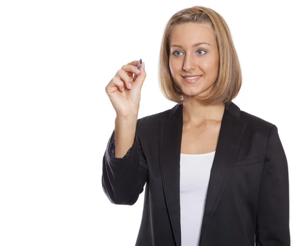 Kaukasische blond zakenvrouw schrijven op witte geïsoleerde backgro — Stockfoto