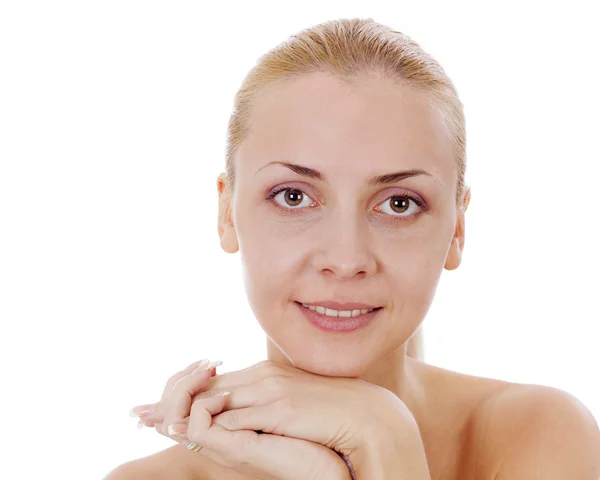 Beautiful girl put her hands under her chin, smiling and looking — Stock Photo, Image