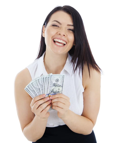 mutlu bir iş kadını elinde nakit ile