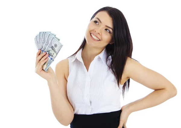 Mujer de negocios soñando con dinero en efectivo en la mano — Foto de Stock