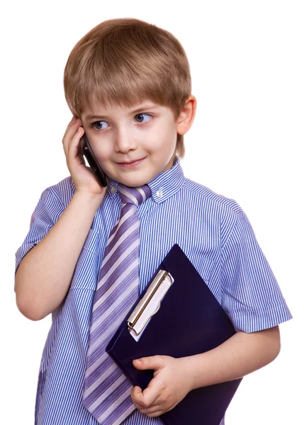 Small businessman with telephone and folder — Stock Photo, Image