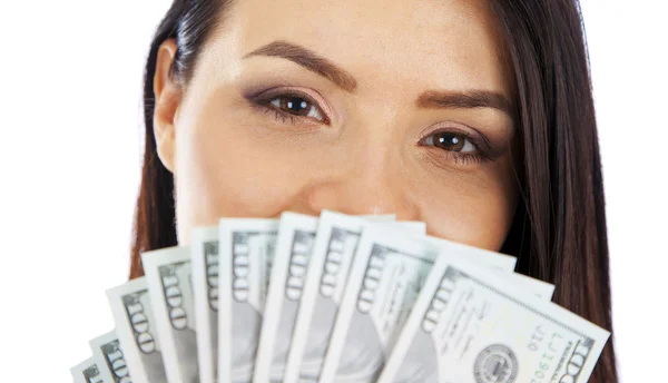 Woman with a wad of cash. closeup. Royalty Free Stock Images