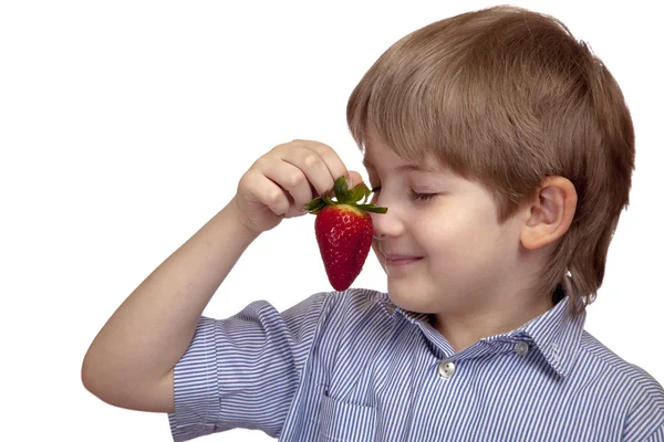 güzel beyaz çocuk olgun çilek kokusu inhales (