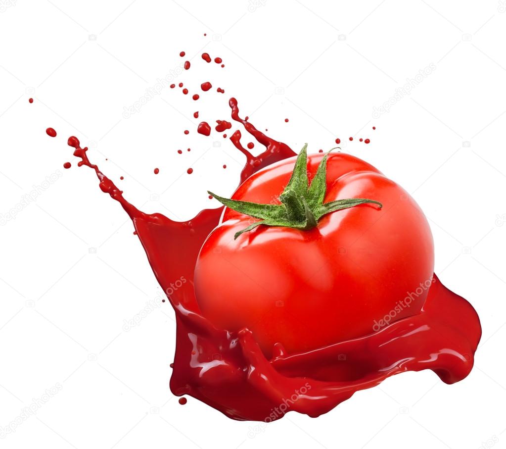 Red tomato with juice splash isolated on white