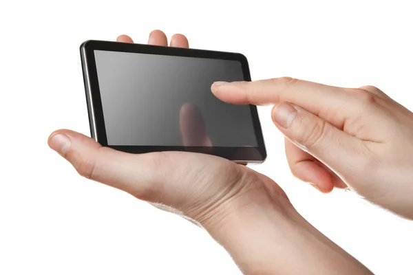 Tablet pc with touch screen in hands isolated — Stock Photo, Image