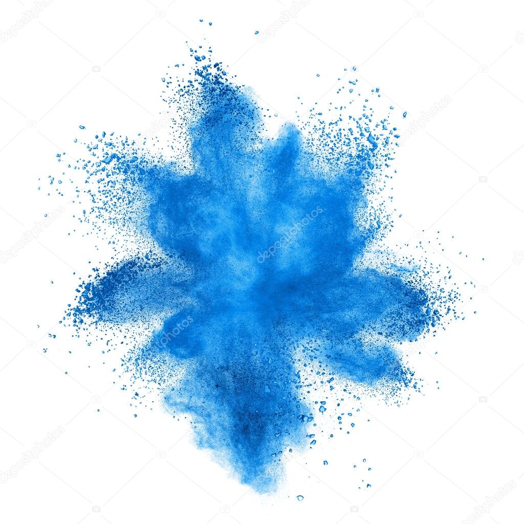 Blue powder explosion isolated on white
