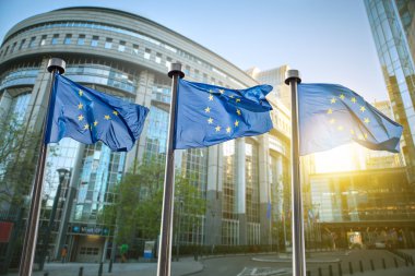 European union flag against parliament in Brussels clipart