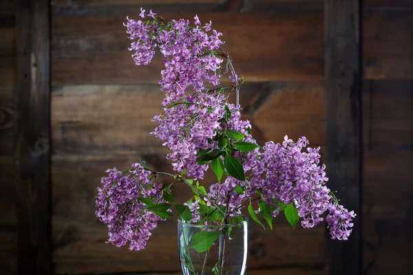 Lila Blumen vor hölzernem Hintergrund — Stockfoto