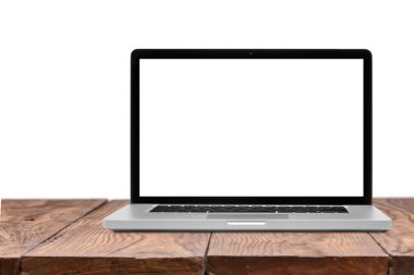 Laptop with blank screen on wooden table isolated