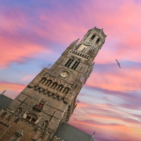 Belfry bell tower on sunset in Bruges — Stock Photo, Image