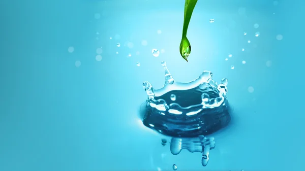 Gota de água e respingo com folha verde — Fotografia de Stock
