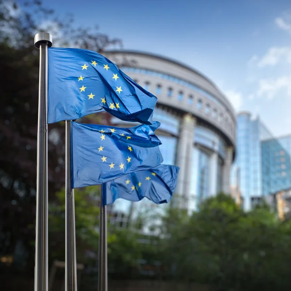 Steaguri ale Uniunii Europene în fața Berlaymont — Fotografie, imagine de stoc