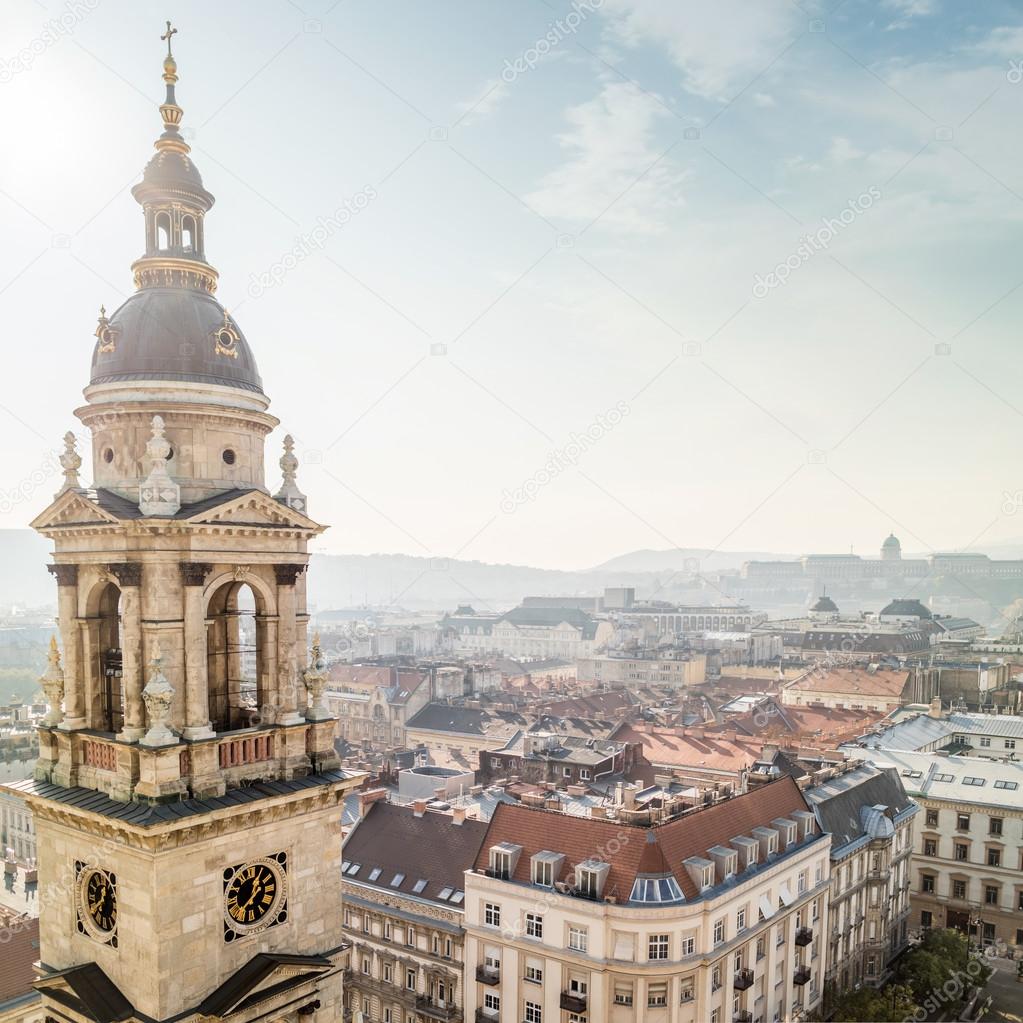 Bell tower of St. Stephens Basilica and view of Budapest