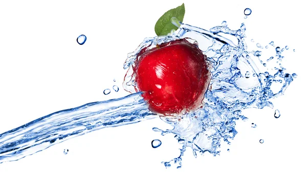 Red apple with leaf and water splash isolated on white — Stock Photo, Image