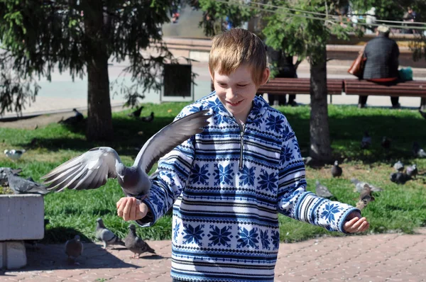 Le joyeux adolescent nourrit les pigeons des mains — Photo