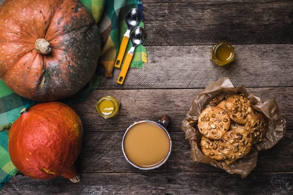 Pumpkins Soup Honey Cookies Nuts Wood Autumn Season Food Photo — Stock Photo, Image