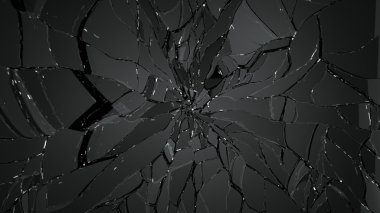 Siyah arka plan üzerinde bölünmüş veya kırık cam parçaları. Büyük kararlılık