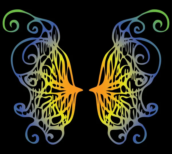 Illusztráció. Irizáló szárnyak egy pillangó, a fekete backgro — Stock Vector