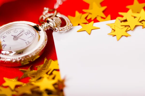 Christmas card. background with a clock and decorations. macro — Stock Photo, Image