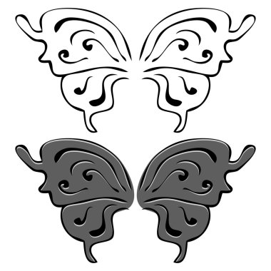 Kelebek kanatları. İllüstrasyonlar kümesi. Siyah ve Boyalı kanatlar