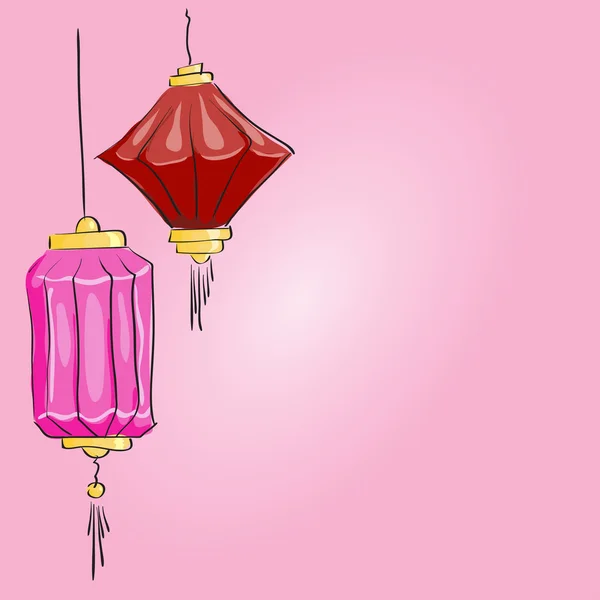 Le dessin vectoriel. Deux lanternes chinoises sur fond rose — Image vectorielle