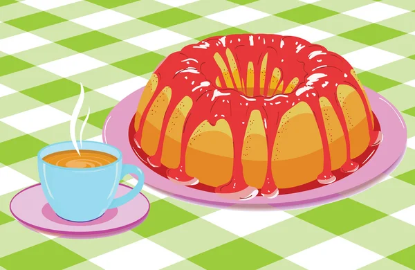 Cake with glaze and a cup of hot drink — Stock Vector
