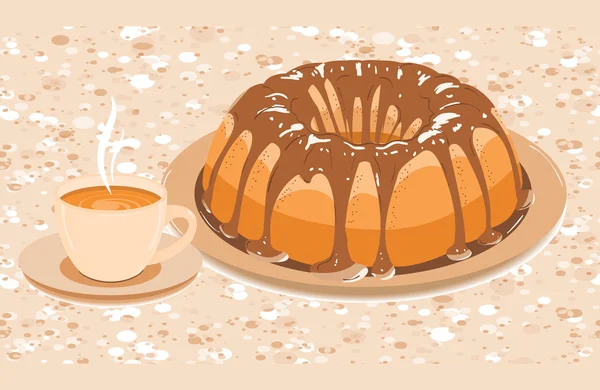 Cake with glaze and a cup of hot drink — Stock Vector