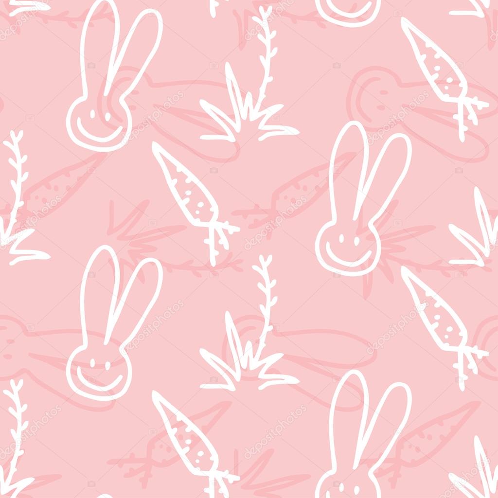Vector seamless print pattern of rabbits, carrots and shrubs