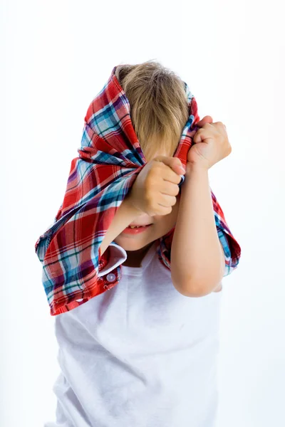 Funny blue-eyed three-year boy. Studio photo — Stok fotoğraf