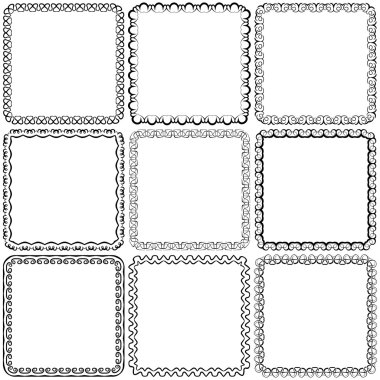 Vektör kümesi. Dokuz kare süs çerçeveler. Beyaz üzerine siyah