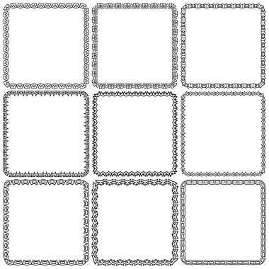 Vektör kümesi. Dokuz kare süs çerçeveler. Beyaz üzerine siyah