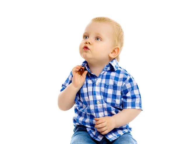 Kleine jongen in een plaid shirt en spijkerbroek — Stockfoto