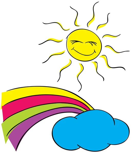 Sole, nuvole con un arcobaleno su sfondo bianco — Vettoriale Stock