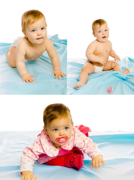 Set di tre foto. bambina su una coperta blu. Studio. — Foto Stock