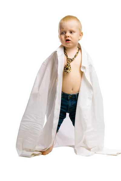 Baby boy in a huge shirt and tie. Studio — Stock Photo, Image