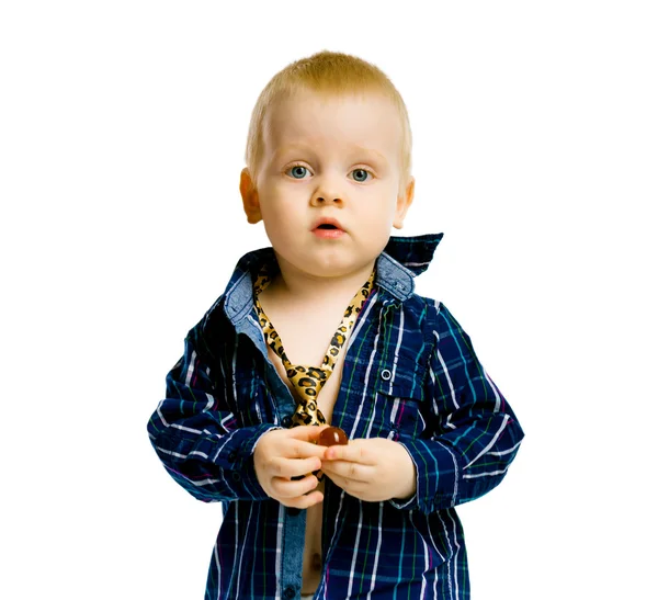 Niño con una camisa a cuadros y una corbata. aislado — Foto de Stock