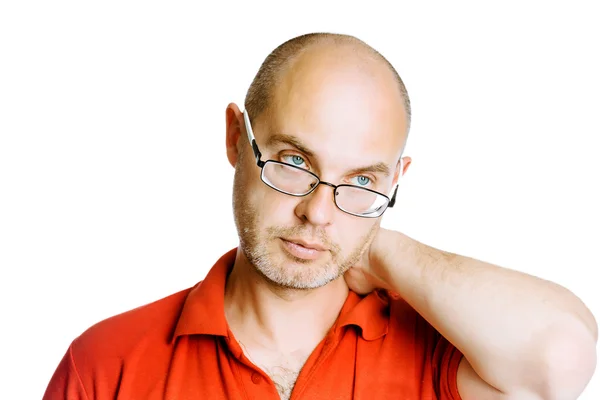 Unshaven man. Pain in the neck. Isolated on white. Studio — Stock Photo, Image