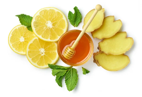 Composition Lemon Ginger Honey Isolated White Background Top View — Stock Photo, Image