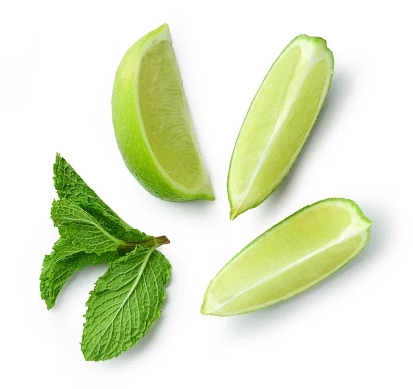 Lime Slices Mint Isolated White Background Top View — Stock Photo, Image