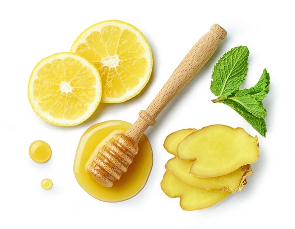 Honig Zitrone Und Ingwer Isoliert Auf Weißem Hintergrund Draufsicht — Stockfoto