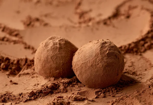 Truffes Chocolat Sur Fond Cacao Poudre Mise Point Sélective — Photo