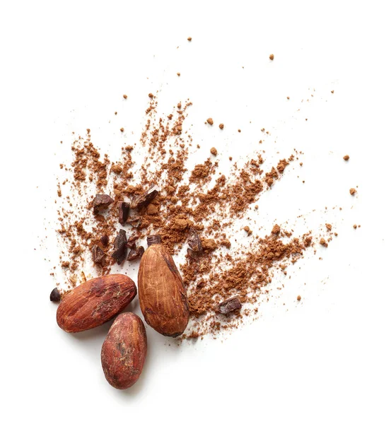 Fagioli Cacao Polvere Isolati Sfondo Bianco Vista Dall Alto — Foto Stock