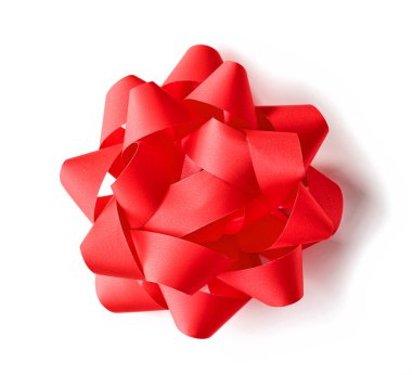 red paper ribbon bow isolated on white background, top view
